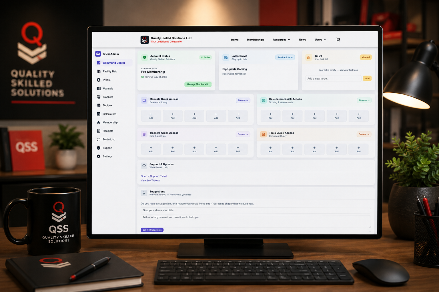 The QSS Command Center dashboard showing account status, latest news, to-do list, and quick access tools