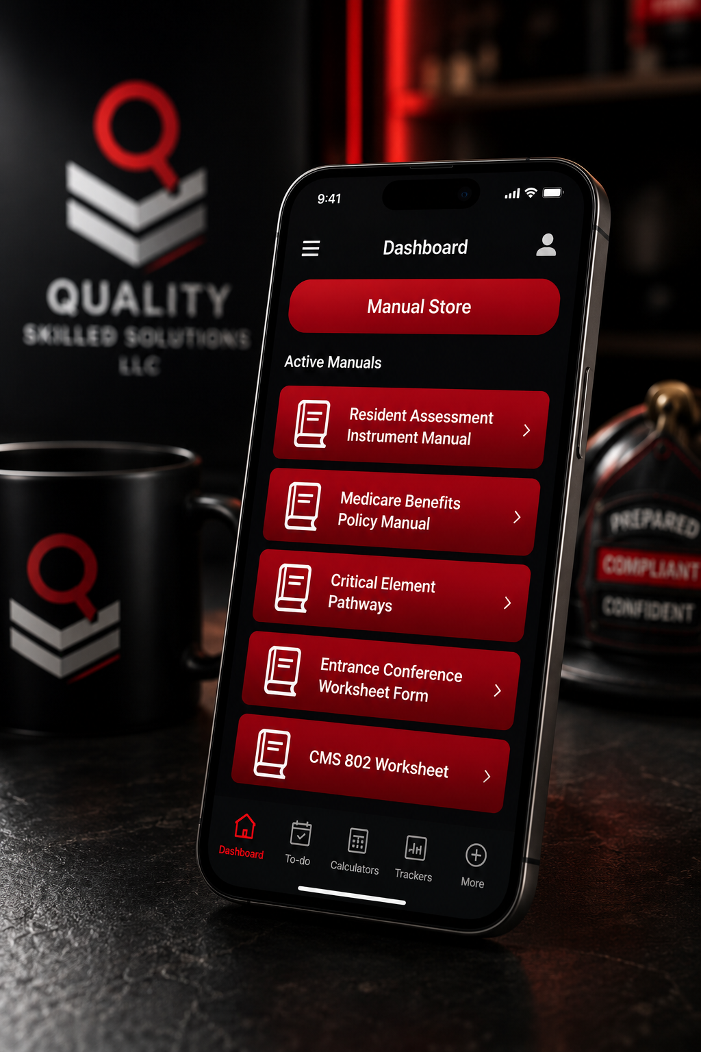 The QSS LTC mobile app dashboard showing the Manual Store and a list of active CMS manuals